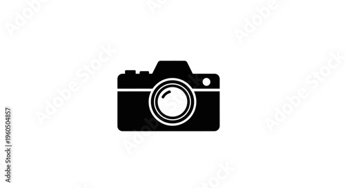 Simple black camera icon on a white background, minimalist design, photography symbol