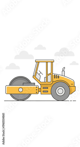Yellow Steamroller Machine Working on Construction Site Illustration Flat Design
