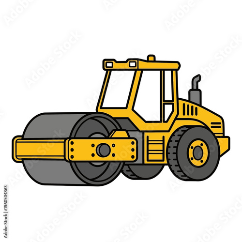 Yellow Heavy Duty Steamroller Vector Illustration Construction Equipment