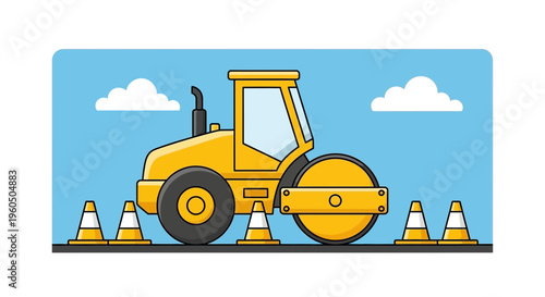 Yellow Steamroller Machine Working On Road Construction