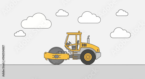Yellow Steamroller Machine Working Under Cloudy Skies