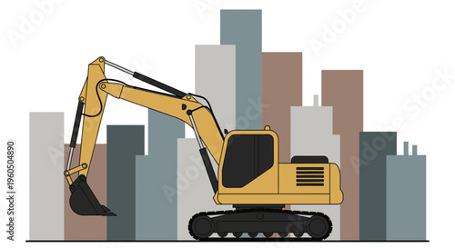 Yellow Excavator Machine Working on Urban Construction Site with Skyscrapers