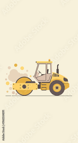 Yellow Steamroller Operating On Road Construction Site Flat Design Style