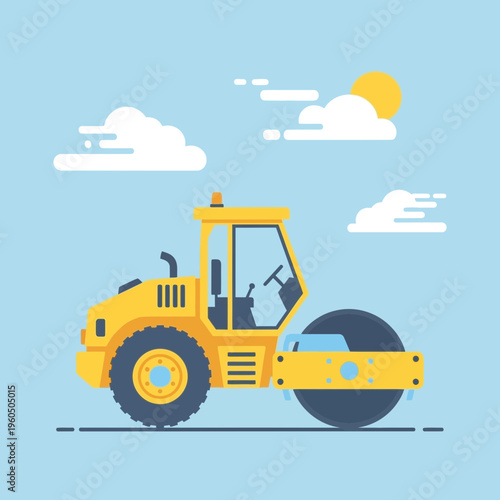 Yellow Steamroller Working on a Sunny Day Under Blue Sky with Clouds