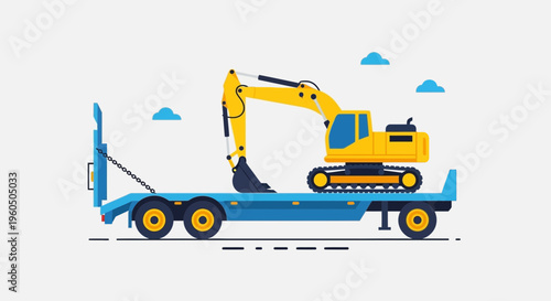 Yellow Excavator Transported On Flatbed Trailer
