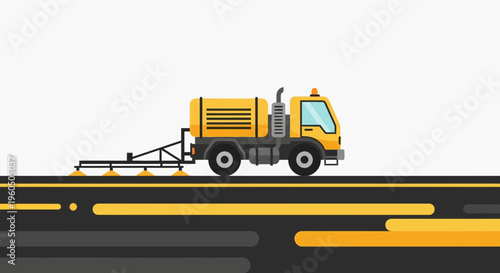 Yellow Street Sweeper Truck Illustration Cleaning Asphalt Road Surface With Clean Lines