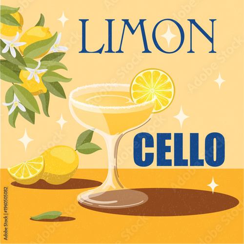 Print, poster, bunner, limoncello, drink, alcohol, lemon, bar, pub, vector, 