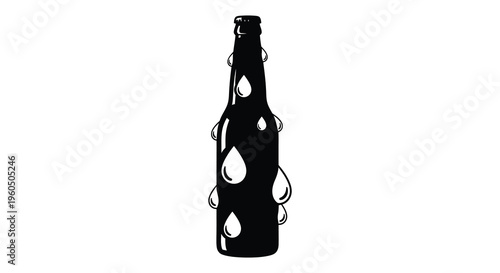 A black silhouette of a condensation covered beer bottle with water droplets forming a refreshing image silhouette