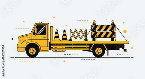 Yellow Flatbed Truck Transporting Construction Safety Equipment And Traffic Cones Minimalist