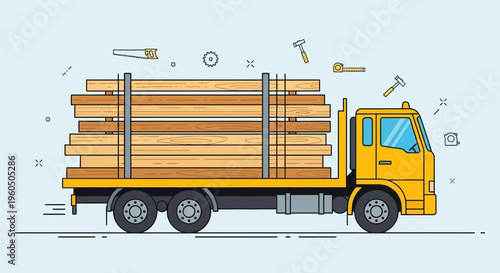 Yellow Flatbed Truck Transporting Lumber And Building Materials