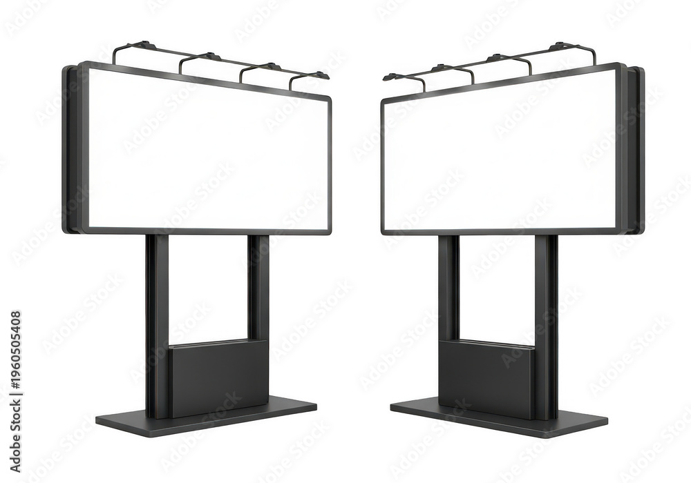 Obraz premium Two large rectangular blank commercial billboards with black frames and metal lighting fixtures