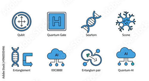 Quantum Computing and Artificial Intelligence Icon Set featuring Qubit, Entanglement, and DNA Symbols for Science and Technology