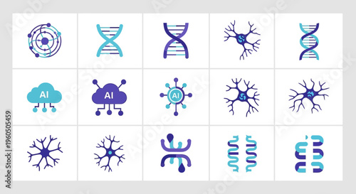 Set of Science and Technology Icons Including DNA Strands, Neurons, and Artificial Intelligence AI Symbols