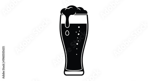 A stark black silhouette depicts a full pint glass overflowing with foamy beer creating a bold contrast silhouette