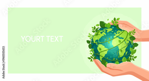 Sustainable Earth Day Background Template with Hands Holding Planet, Abundant Copy Space for Environmental Protection and Green Future Message