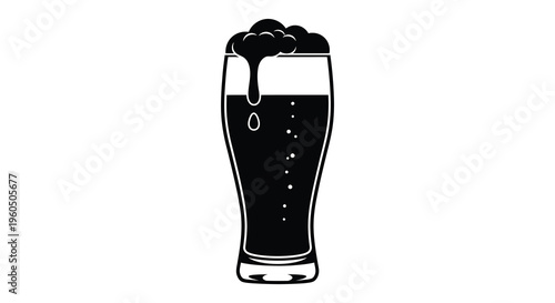 A stark black silhouette depicts a full pint glass of dark beer with overflowing foam a striking silhouette