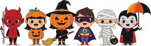 halloween, kids, costumes, cartoon, characters, spooky, cute, party, illustration, children, festive, trick or treat, witch, vampire, mummy, devil, pumpkin, superhero, 