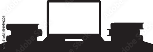 Minimalist home office with open laptop and two stacks of books vector silhouette illustration