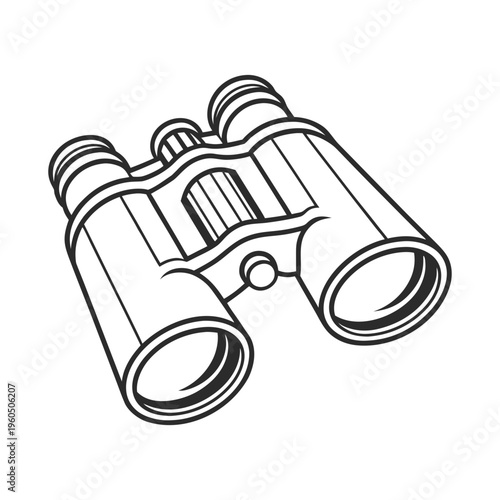 Black and white line drawing of binoculars, travel accessories