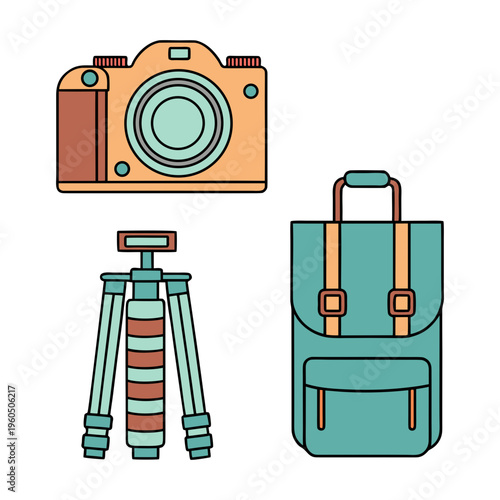 Camera, tripod and backpack for travel and photography