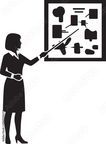 Professional woman vector silhouette giving presentation with pointer on office whiteboard
