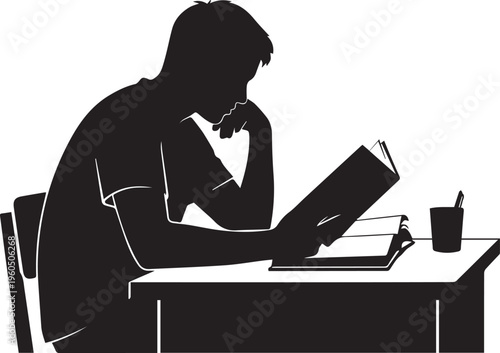 Student reading book at desk, focused on studying, focused learning vector silhouette