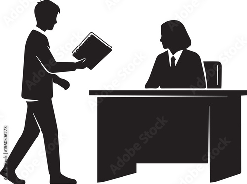 Student giving assignment to teacher vector silhouette illustration for school line art set