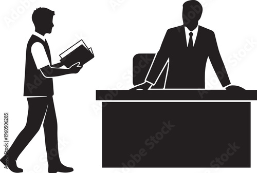 Student talking to a professor at a desk with books in hand vector silhouette illustration