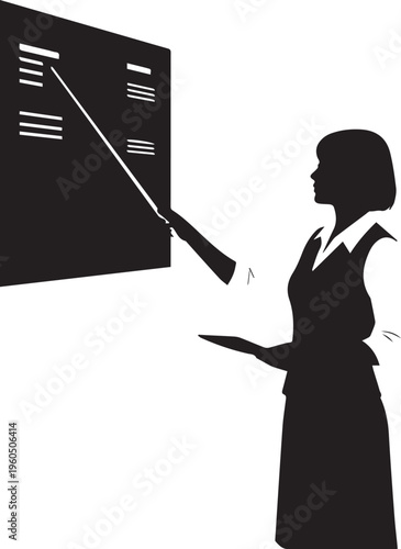 Woman teacher presenting information on a whiteboard with a pointer vector silhouette illustration