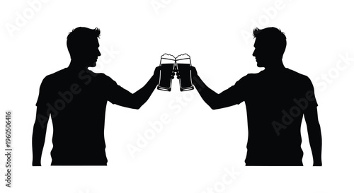 Two men are depicted toasting with full beer glasses in a striking black silhouette high quality professional detailed