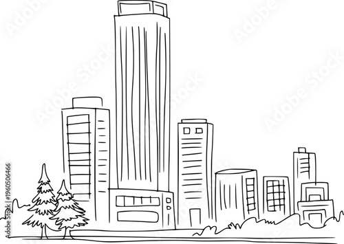 Hand drawn of a city skyline with tall buildings and trees a white background architecture
