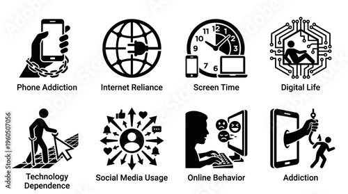 Digital Addiction & Tech Dependence Vector Icon Set – Bold Vectors Featuring Screen Time, Internet Reliance, Social Media Overuse, Online Behavior, and Technology Obsession