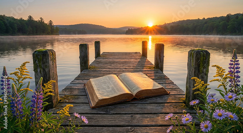 Open book resting on wooden pier by tranquil lake at sunset perfect for peaceful outdoor reading concept and spiritual nature education retreat