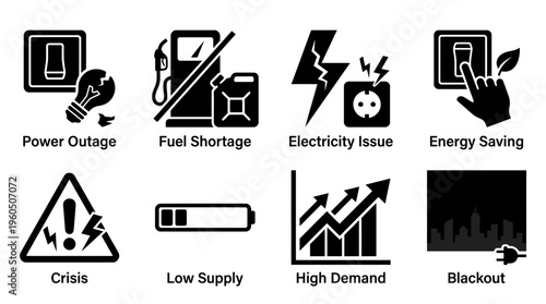 Energy Crisis & Power Shortage Vector Icon Set – Bold Vectors Featuring Blackouts, Fuel Shortage, Electricity Issues, High Demand, Low Supply, and Energy Saving Solutions
