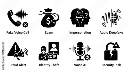 Voice Fraud & Audio Security Threat Vector Icon Set – Bold Vectors Featuring Deepfake Calls, Identity Theft, AI Impersonation, Scam Alerts, and Digital Risk