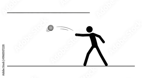 Stick figure throwing a ball with a curved trajectory between two horizontal lines