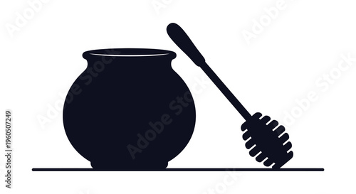 A dark minimalist depiction of a honey jar and dipper resting on a surface presented as a silhouette