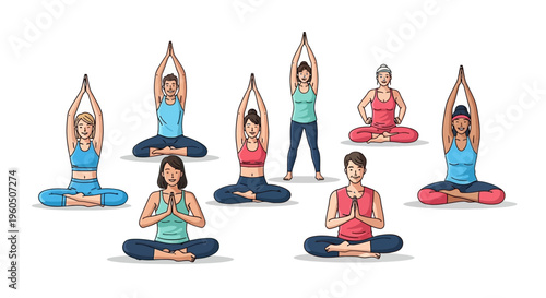 Diverse Group Practicing Yoga Meditation Poses Isolated on White Background