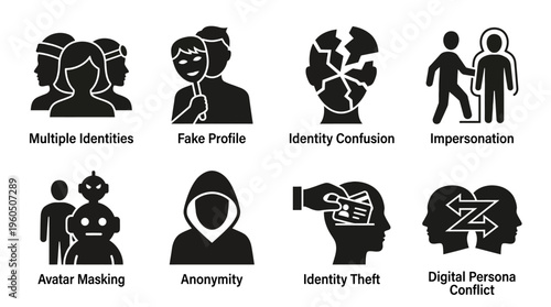 Identity Confusion & Digital Persona Conflict Vector Icon Set – Bold Vectors Featuring Fake Profiles, Impersonation, Anonymity, Avatar Masking, and Online Identity Theft