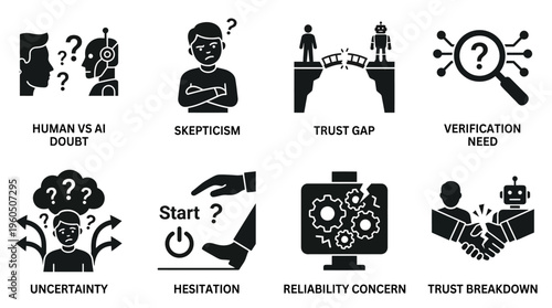 AI Trust Issues & Human Skepticism Vector Icon Set – Bold Vectors Featuring Doubt, Verification Needs, Reliability Concerns, Hesitation, and Uncertainty in Human-AI Interaction