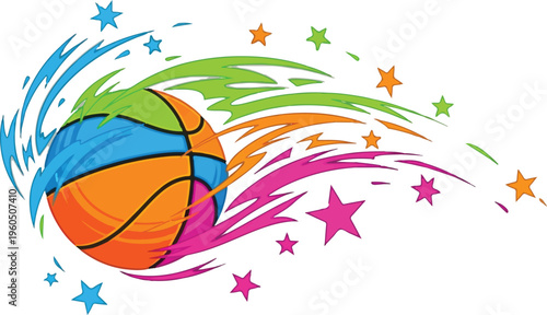 Dynamic Basketball with Motion Trails and Stars Vector Illustration, Vibrant Sports Competition Concept Isolated on White