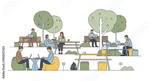 People working remotely outdoors in a park with laptops, illustration style