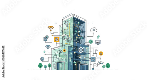 Smart Building Technology Concept: Modern Architecture with Integrated Network and IoT Icons