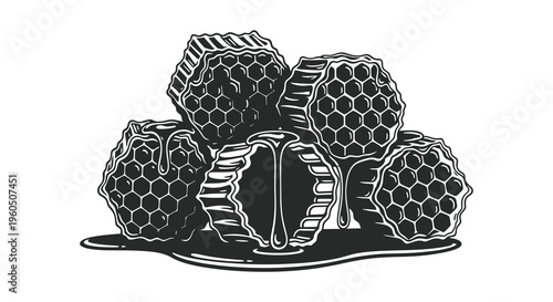 A cluster of honeycomb pieces with dripping honey is depicted in a stark graphic black silhouette high quality