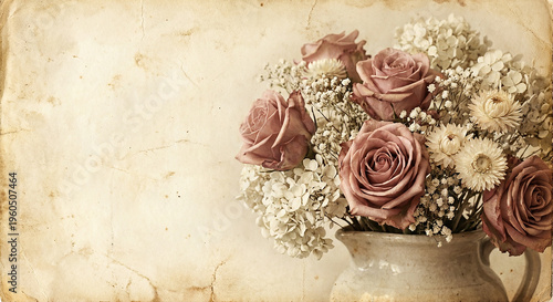 Rustic bouquet of soft pink roses in vintage vase against textured wall perfect for elegant nostalgic floral concept and romantic wedding greeting
