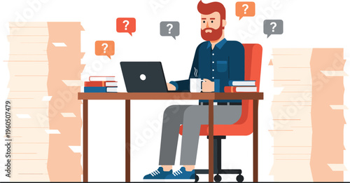 Overworked man at desk with laptop surrounded by paperwork stacks, confused expression with question marks, stress and deadline pressure concept in modern flat illustration