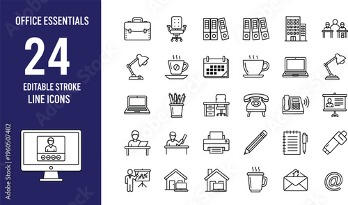 Office essentials editable stroke line icons set including business tools, workplace equipment, communication symbols, modern minimal outline collection for web, app and presentation design