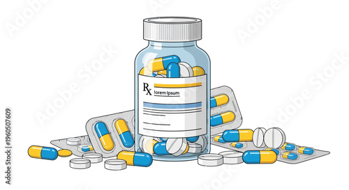 Assorted Pills and Capsules in Prescription Bottle and Blister Packs