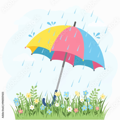 April Showers Spring Rain Umbrella Scene Vector Illustration