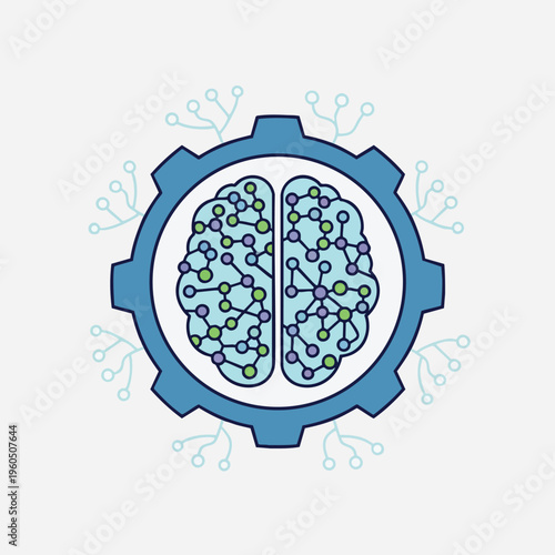 Stylized brain with interconnected nodes inside a gear